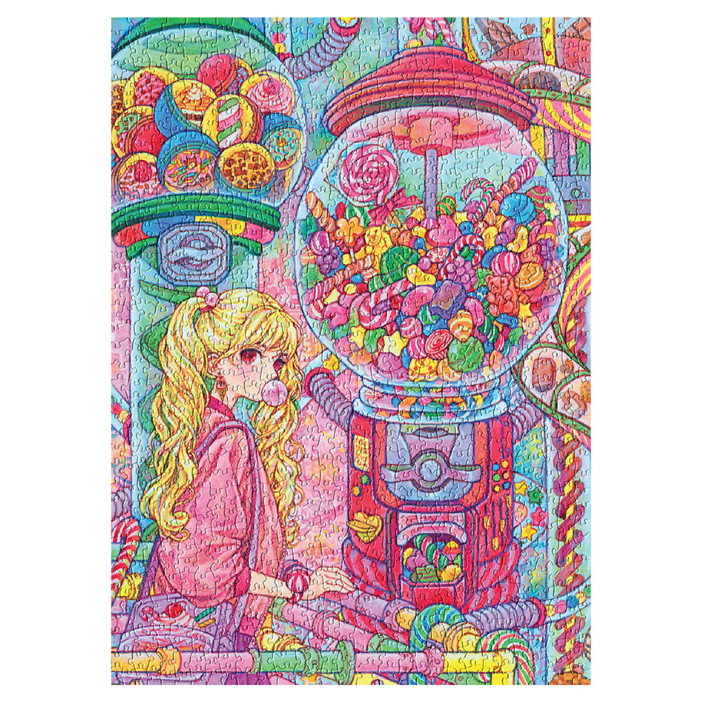 Puzzle of a person next to a big candy dispenser